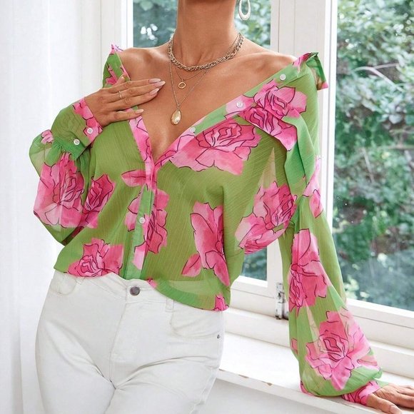 Floral Print Lantern Sleeve Shirt - Picture 5 of 5